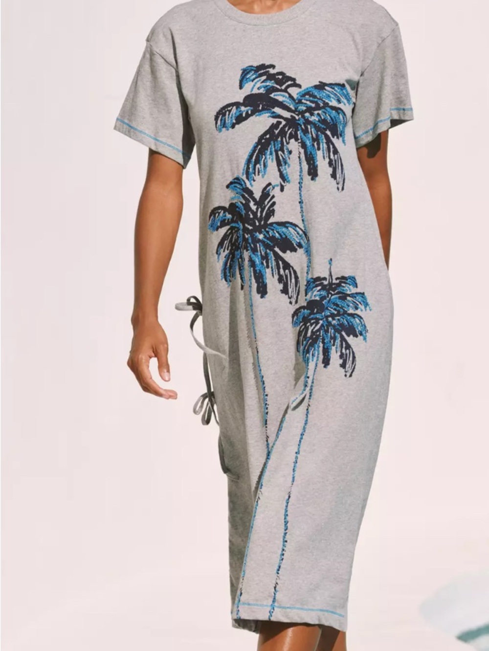 Grey Palm-Print Midi Dress with Side Tie